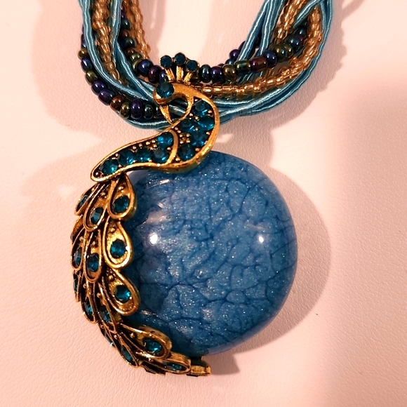 ➡️ see below 5 for $25 BOHO Peacock BEADED Blue  MOONSTONE   Necklace Rare Find - Picture 2 of 6
